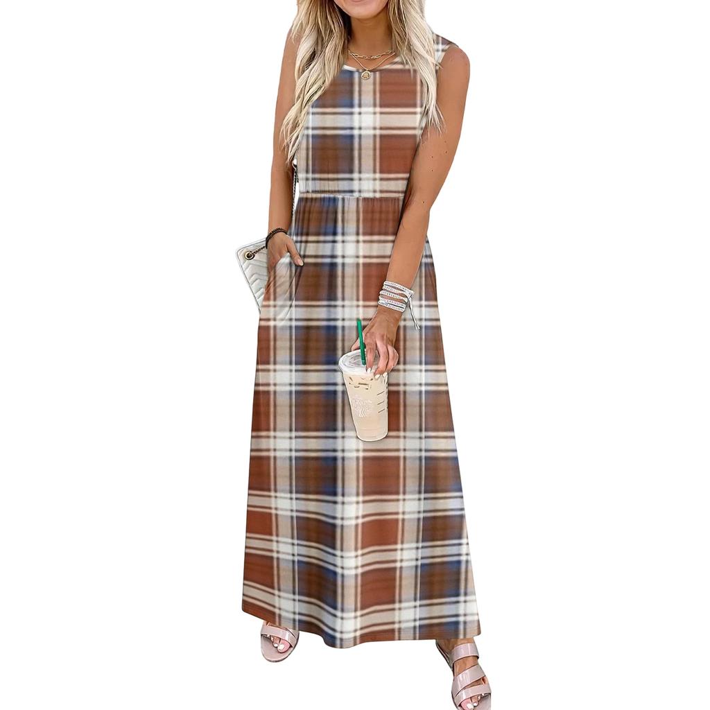 Ladies' Plaid Printed Casual and Fashionable Waist Cinched Sleeveless Dress