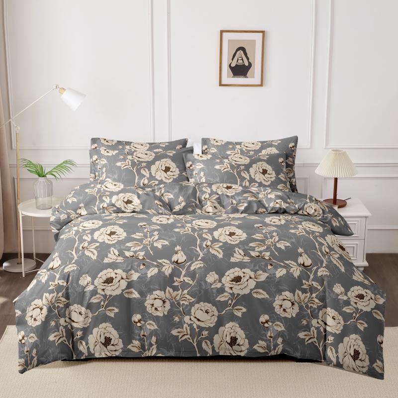

Kuup Comfortable Breathable Bedding Set Queen King Size Floral Style Flocking Duvet Cover Bed Sheet Pillowcase Bedding Set Flat Bed Sheet&Cover 135x200cm 3pcs