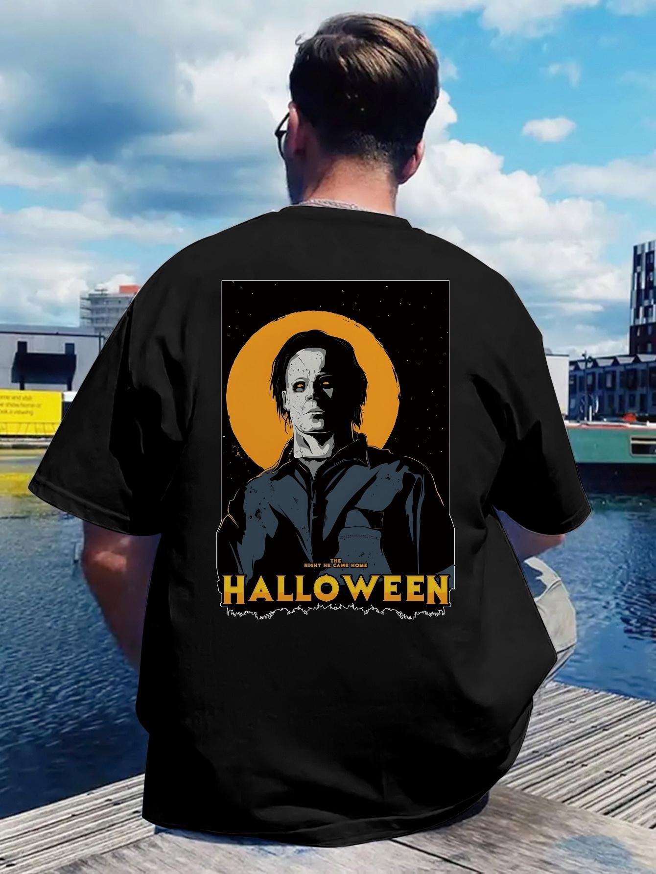 Vintage Halloween Graphic T-shirt - Back Print Tee with Bold HALLOWEEN Lettering - Lightweight Polyester Shirt for Halloween Parties M