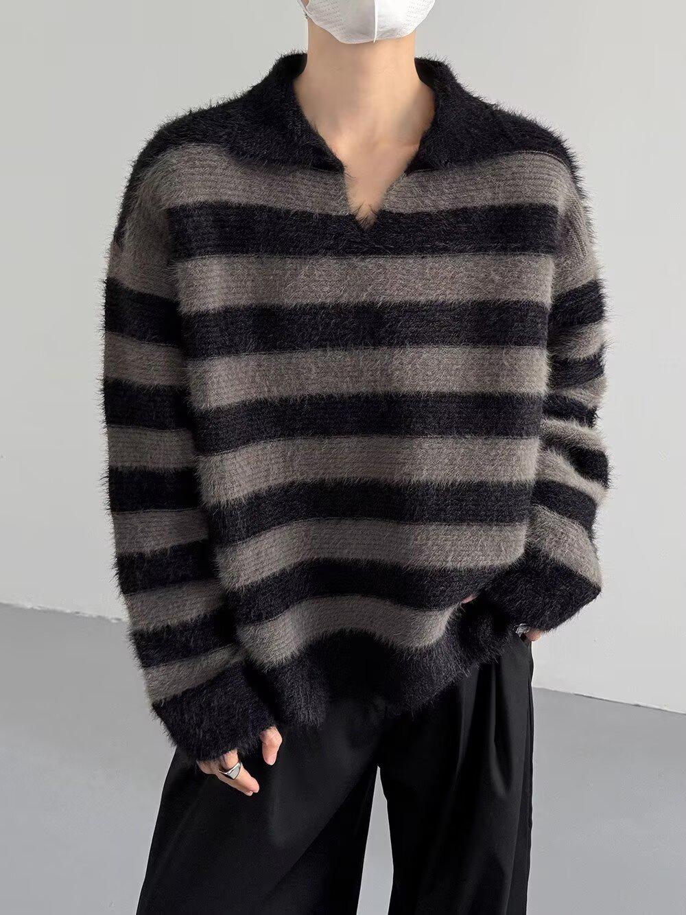

Men s Korean Style Striped Color Block Woolen Sweater – Autumn/Winter Fashion, High-End Loose Lapel Knitwear XL сірий колір
