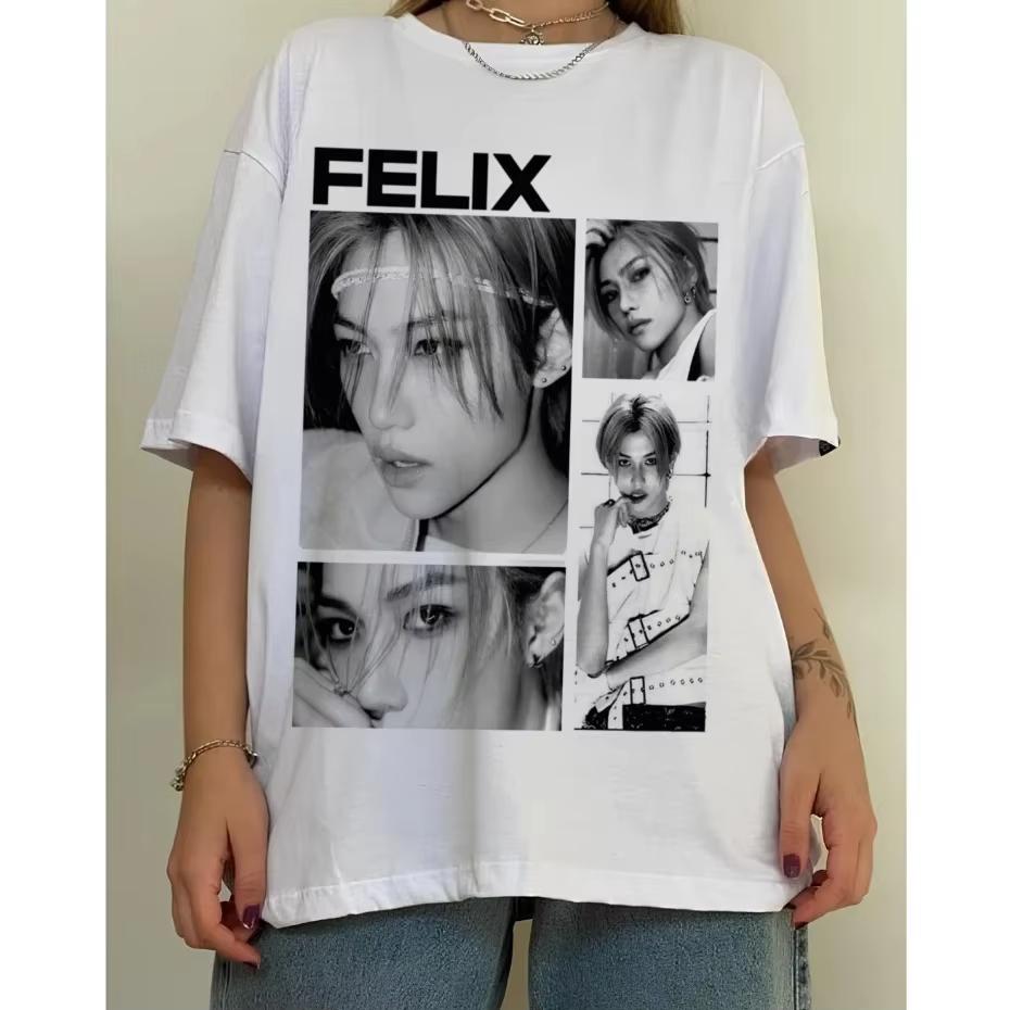 FELIX Obdachlose Kinder Kpop Design T-Shirt Unisex Kurzarm T-Shirt Baumwolle Hochwertig Damen Herren Streetwear