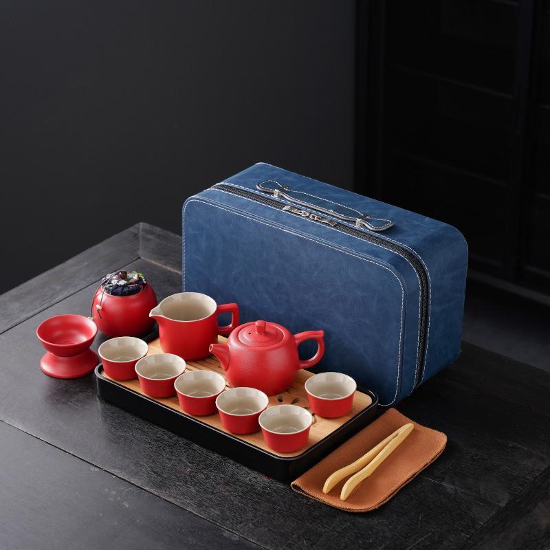 High-End Portable Ceramic Tea Set with Teapot, Teacups, and Tray for Household or Outdoor Use