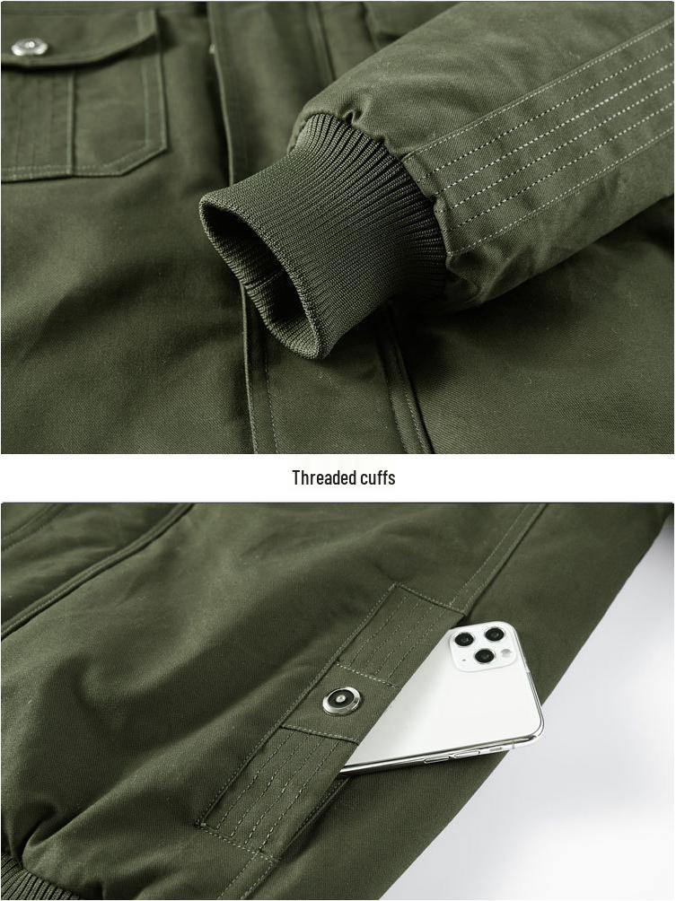 Men's Hooded Military-Style Washed Cotton Jacket with Velvet Lining