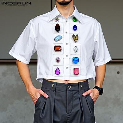 Men Lapel Neck Short Sleeve Printing Casual Loose Cropped Shirts
