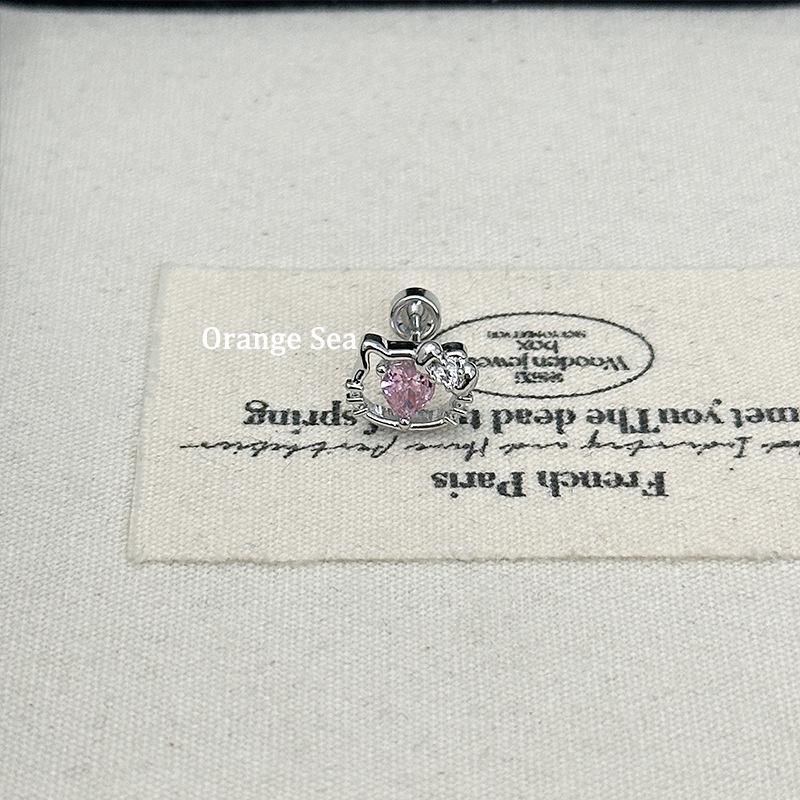Sweet Pink Cat Ear Hollow Heart Tragus Earrings - Titanium Steel Studs
