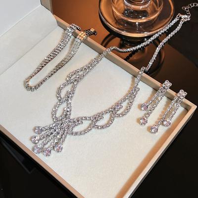 Elegant Necklace, Bracelet, and Earring Set - Bridal Jewelry with Full Diamond Accents