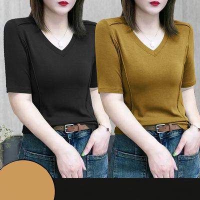 Women's Short-sleeved T-shirt for Women In The Summer New Design, Slim and Versatile Fish Bone V-neck Top for Women