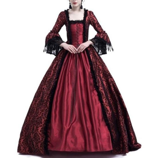 Vintage Women Medieval Gothic Square Neck Flare Sleeve Lace Patchwork Maxi Dress