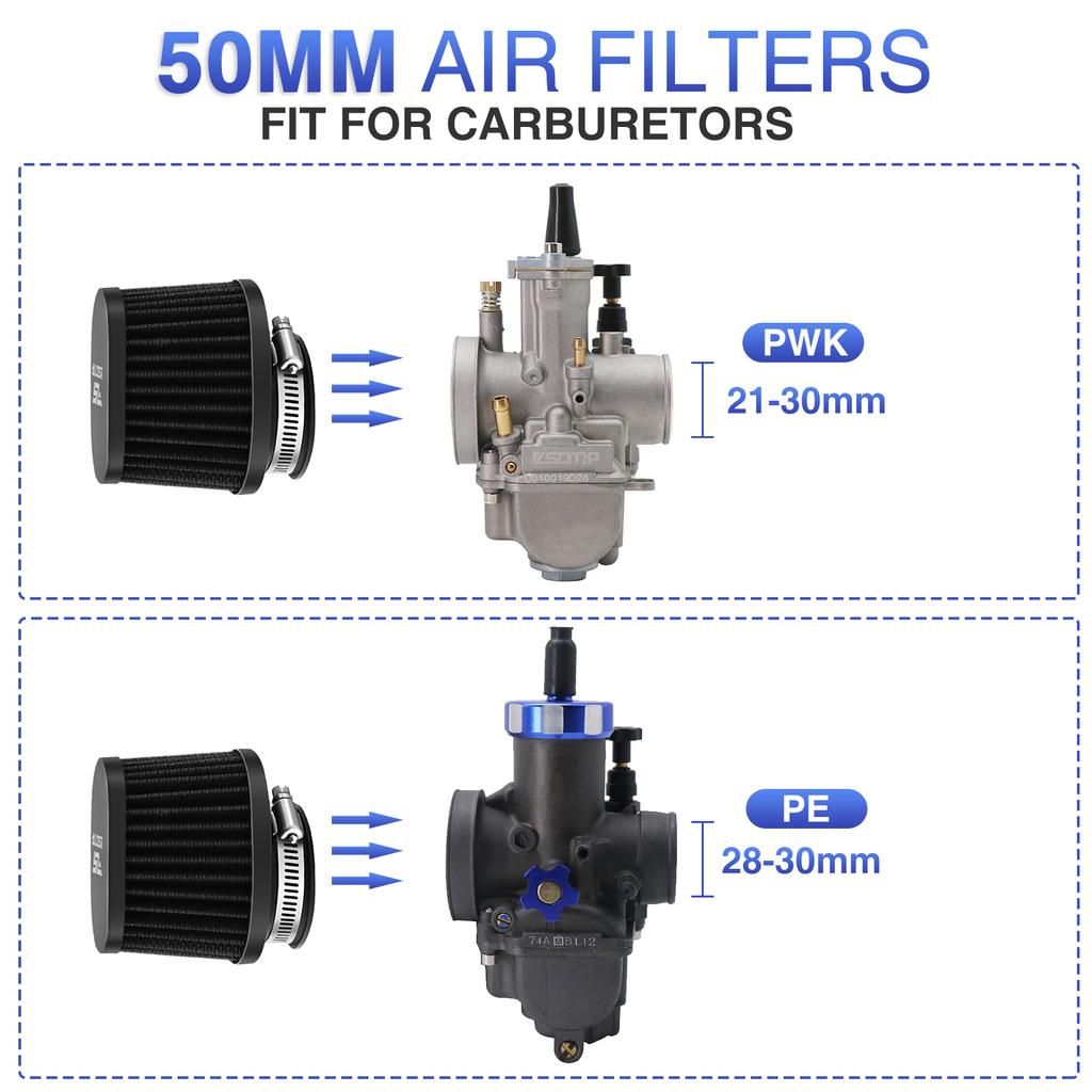 ZSDTRP 2pcs Motorcycle Air Filters 60mm 55mm 50mm Universal for Motorbike Cold Air Intake High Flow Washable Filter