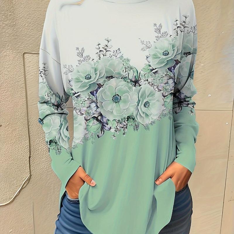 Fashion Women's Floral Graphic Elegant O-Neck Long Sleeve T-Shirt Y2K Casual Tops Womens Clothing Harajuku Pullover