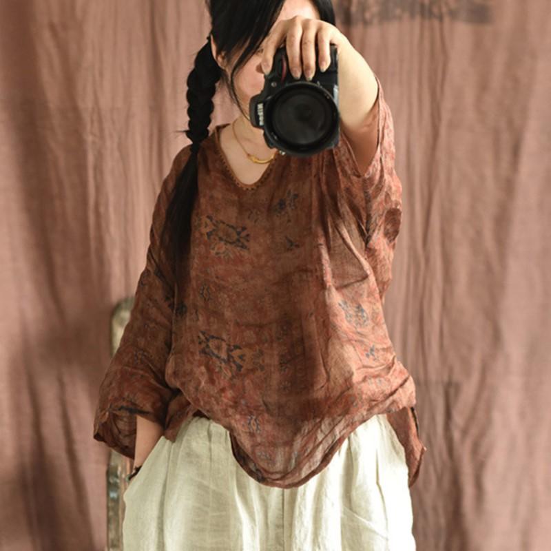 Johnature Frauen Vintage Ramie Print Floral T-Shirts Lose V-ausschnitt Sieben Ärmel T-shirts Sommer Dünne Frauen T-Shirts