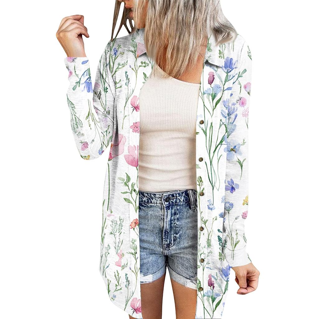 Women's Casual Fashion Floral Print Long Sleeve Mid-Length Cardigan Jacket