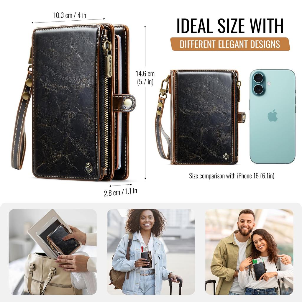 XIMAND Passport Holder Wallet Bag with 11 Card Slots and Passport Photo RFID Blocking Wristlet Brown Pocket, Pocket, Strap,