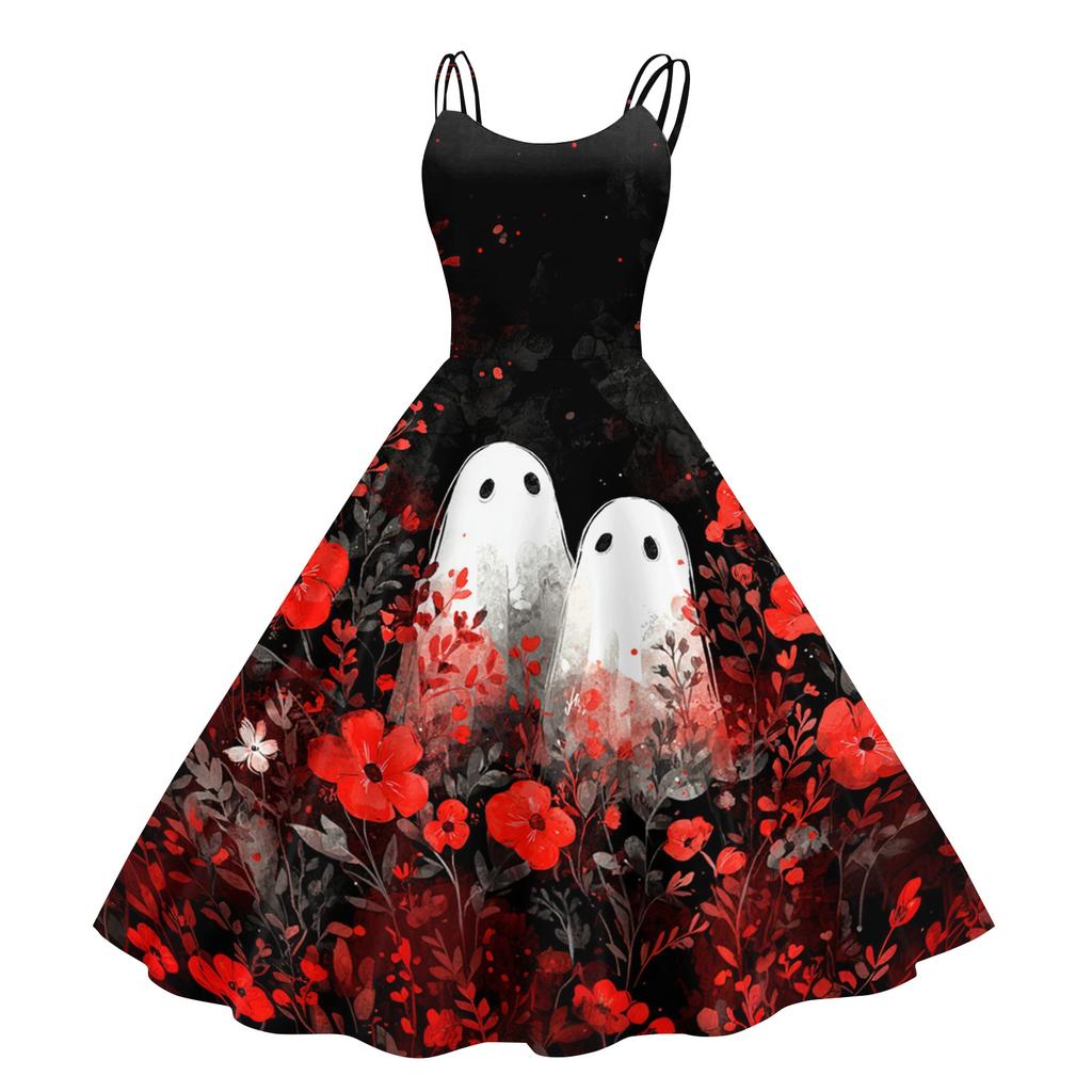 Women Halloween Print Off Shoulder Punk Vintage Dress Sleeveless Spaghetti Strap Fit and Flare Midi Dress for Party