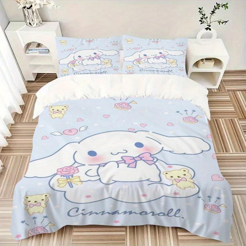 3pcs Blue Cinnamoroll and Bear Quilt Cover Set (1 Quilt Cover + 2 Pillowcases Without Pillow Core), High-Definition Printing for Home and Dormito