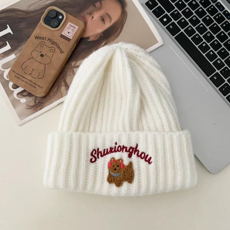 Cute Cartoon Puppy Hat for Women Korean Version New Autumn and Winter Embroidered Knitted Woolen Hat for Men  Warm and Versatile