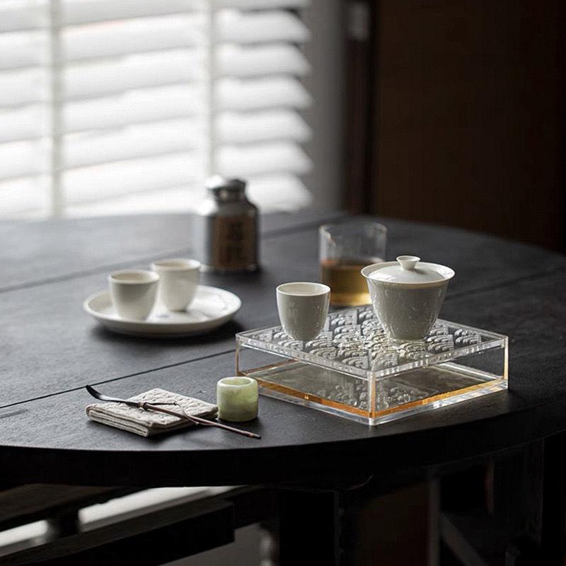 Acrylic Transparent Small Tea Tray Household Tea Bearing Belt Cover Dry Brewing Table Tea Tray Kung Fu Teaware Tool Accessories