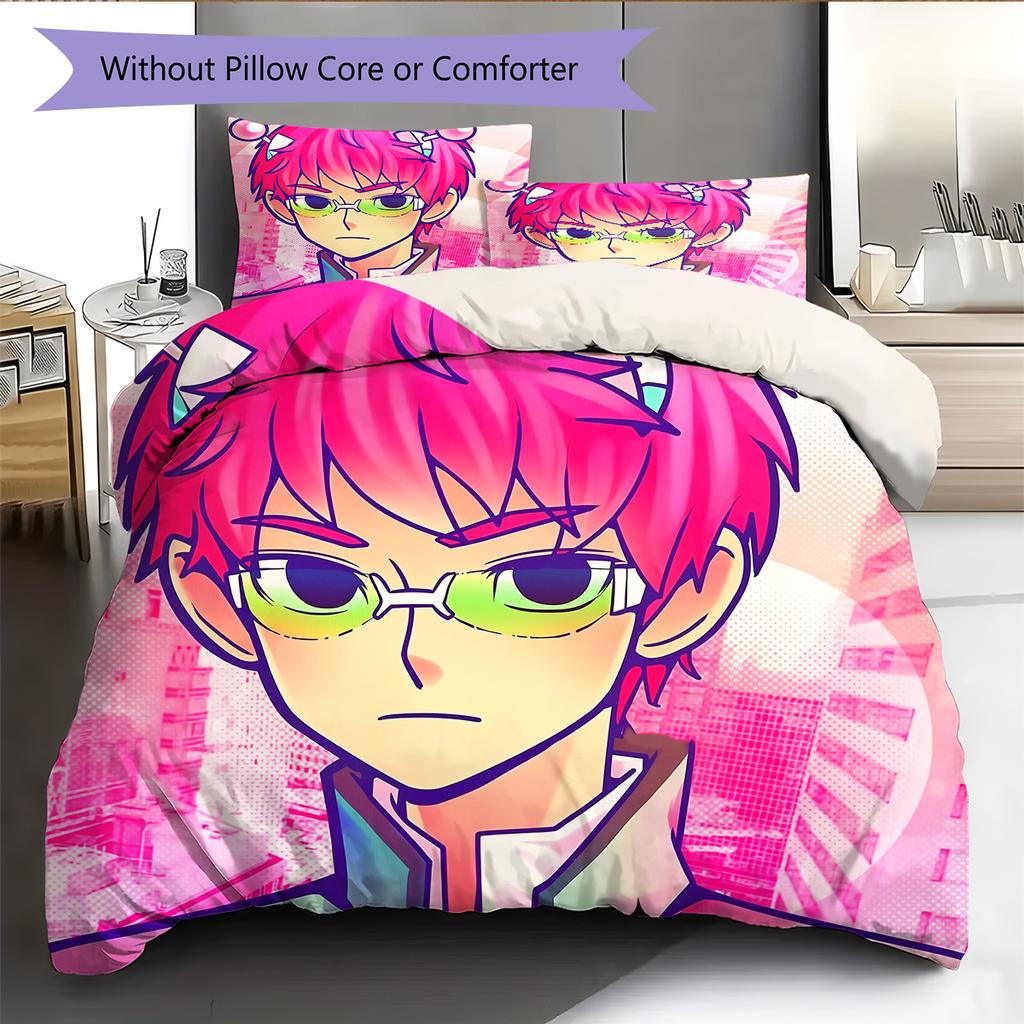 Saiki Kusuo Pattern Bedding Quilt Set Home Decoration Gift (1 * duvet cover + 2 * pillowcase without core)