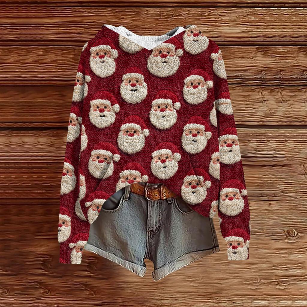 Women's Fashion Casual Long Sleeve Christmas Print Hooded Knitted Sweatshirt