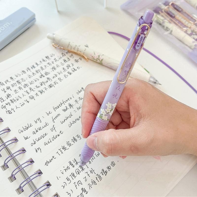 4PCS Flower Print Gel Inks Pen Retractable Gel Pen with Metal Clip Ergonomic Grip 0.5MM Tip Black Inks for Office School