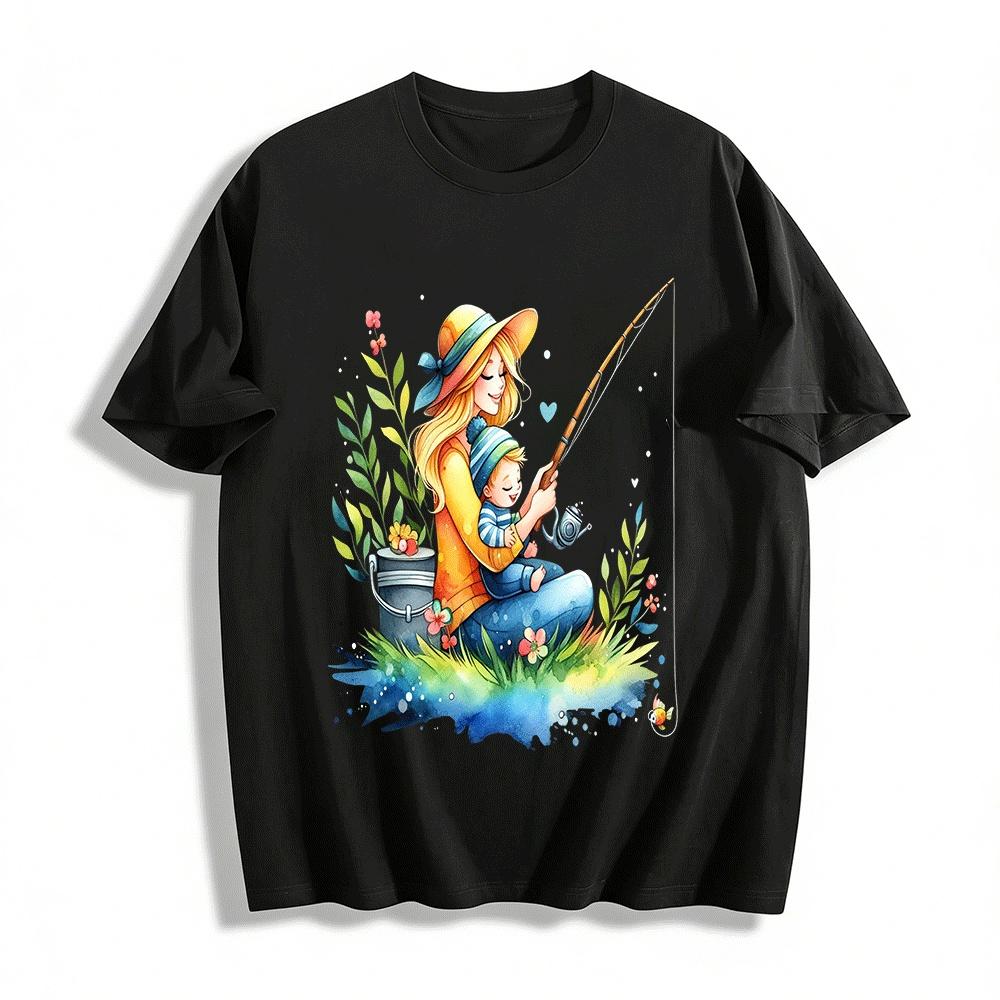 Warm Parent Child Fishing Time Print Casual T-Shirt Pure cotton T-shirt XXS