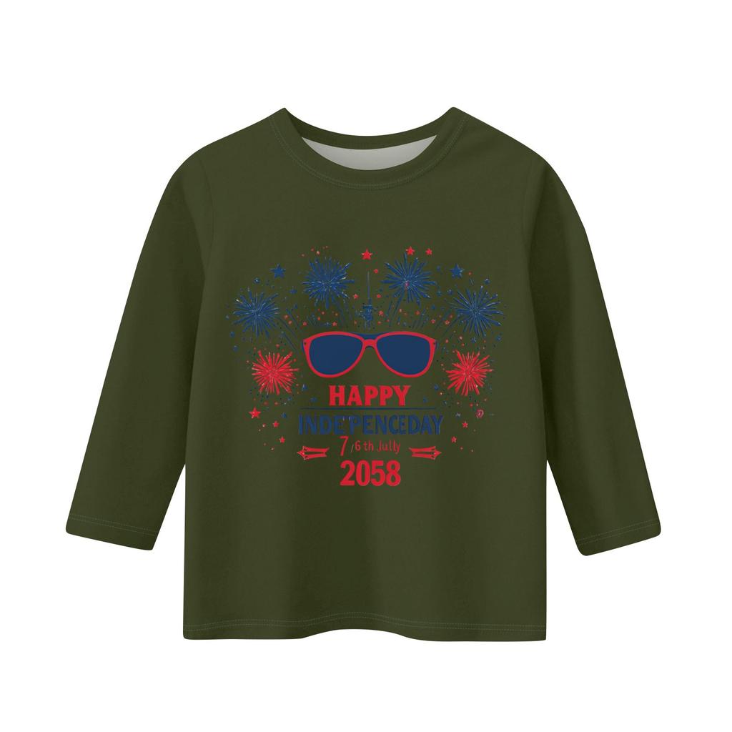 Tricou casual cu mâneci 3/4 pentru copii, cu gât rotund și imprimeu pentru Ziua Independenței