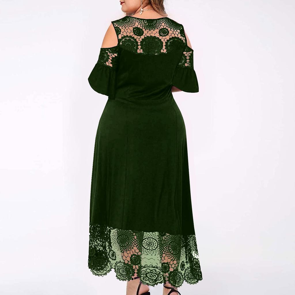 Fashion Womens Lace Stitching Ruffle Short-Sleeved Strapless Sheath Dress