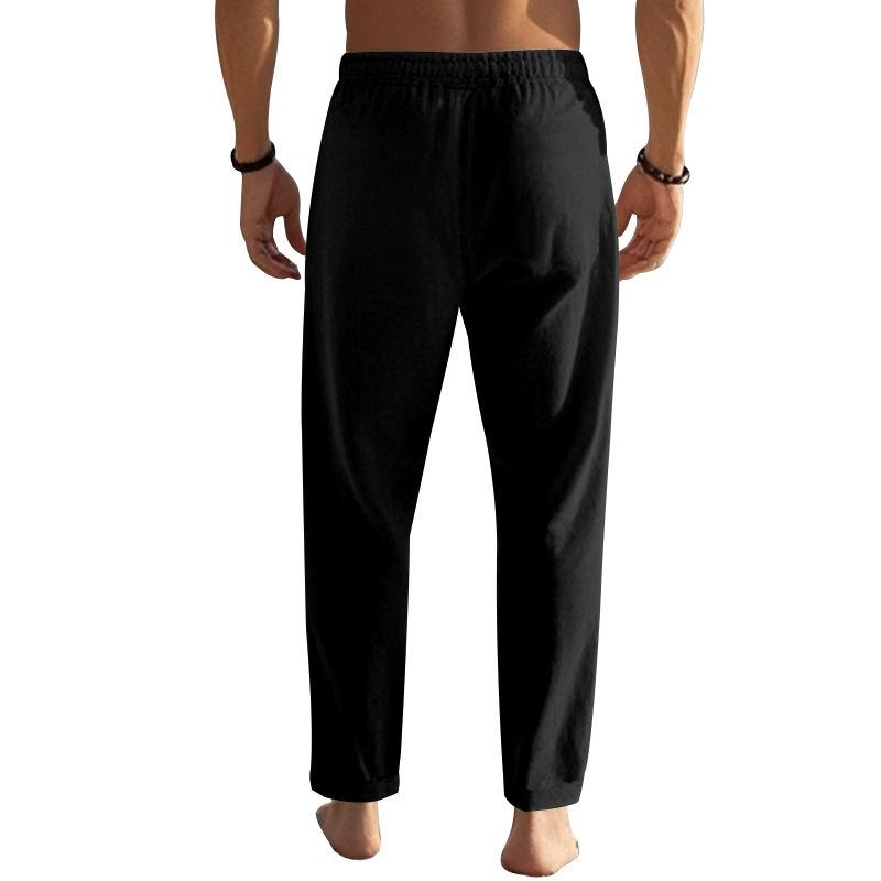 New drawstring trousers men's simple fashion solid colour casual cotton linen straight trousers male
