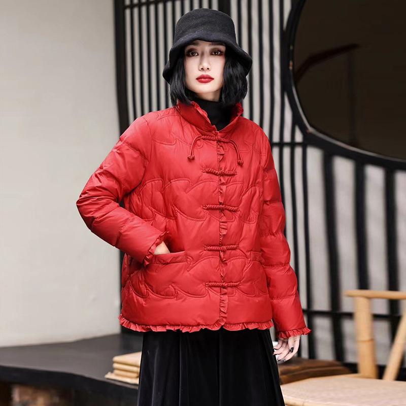 Button short down jacket women's 2024 winter fashion literary and retro warm lace stand-up collar warm white duck down jacket