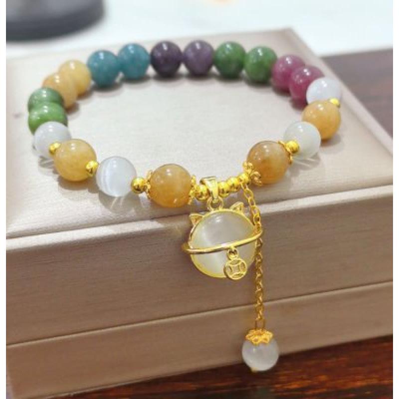Women's Luxury Natural Stone Tourmaline Bracelet with Whale Tail Tassel Pendant - Seven-Color Handcrafted Jewelry Gift for Girlfriend