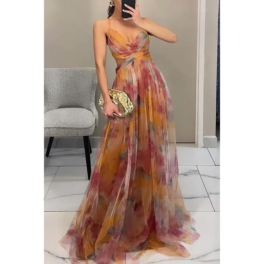 2026 European and American spring and summer new mesh printing suspender dress INS vacation casual party dress S