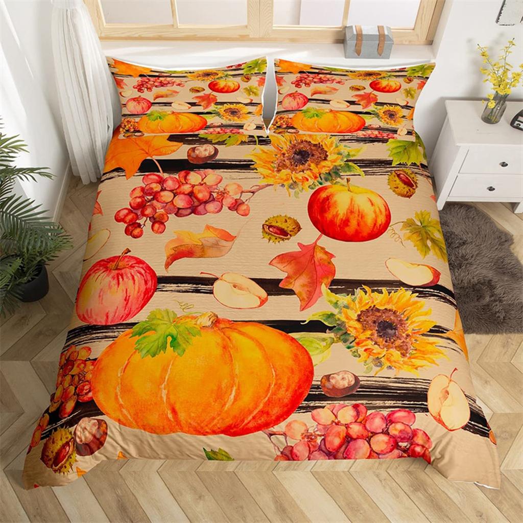 Fall Maple Leaves Autumn Harvest Theme Duvet Cover Cartoon Christmas Santa Thanksgiving Pumpkin Holiday Decor Gifts for Children