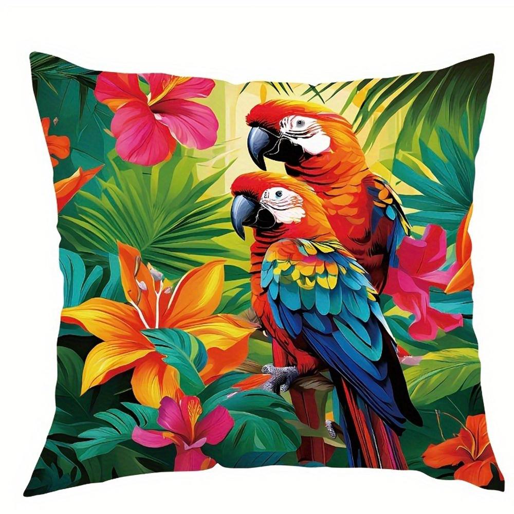 Vivid Parrot & Tropical Floral PillowcasesLiving Room Sofa Cushion Cover, Soft and Comfortable, Bedroom Room Decoration