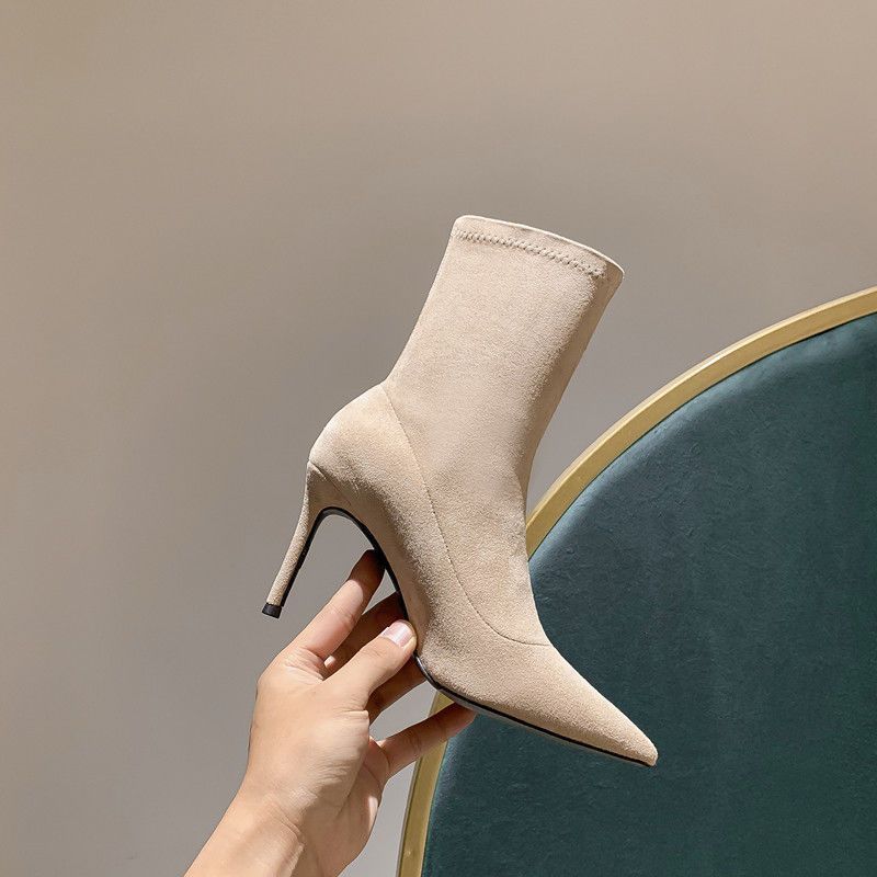 French Elegant Versatile Suede High Heel Short Boots Women's Thin Heel Elastic Skinny Pointed Temperament Skinny Boots