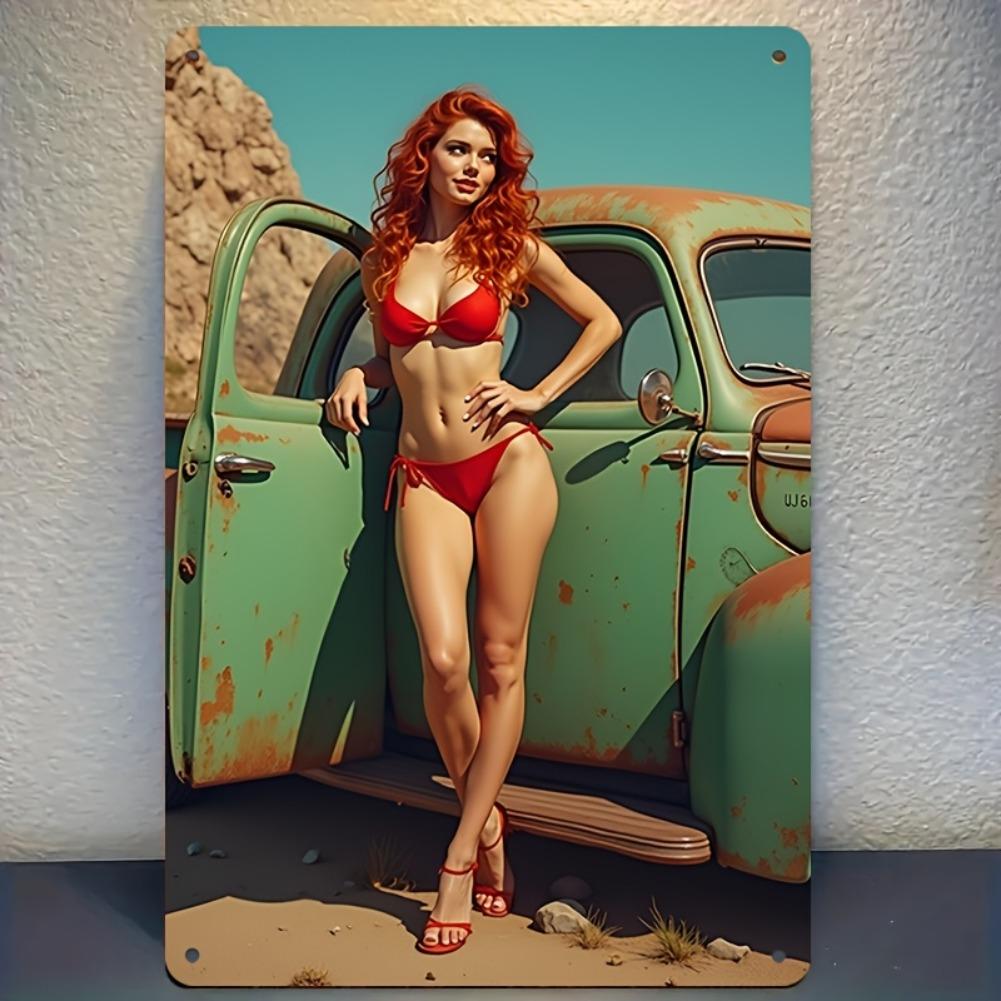 2D Flat, 1pc Retro Pinup Metal Sign 8x12 Inch - Vintage Redhead In Red Bikini & Green Classic Car Wall Art, Durable Metal Garage