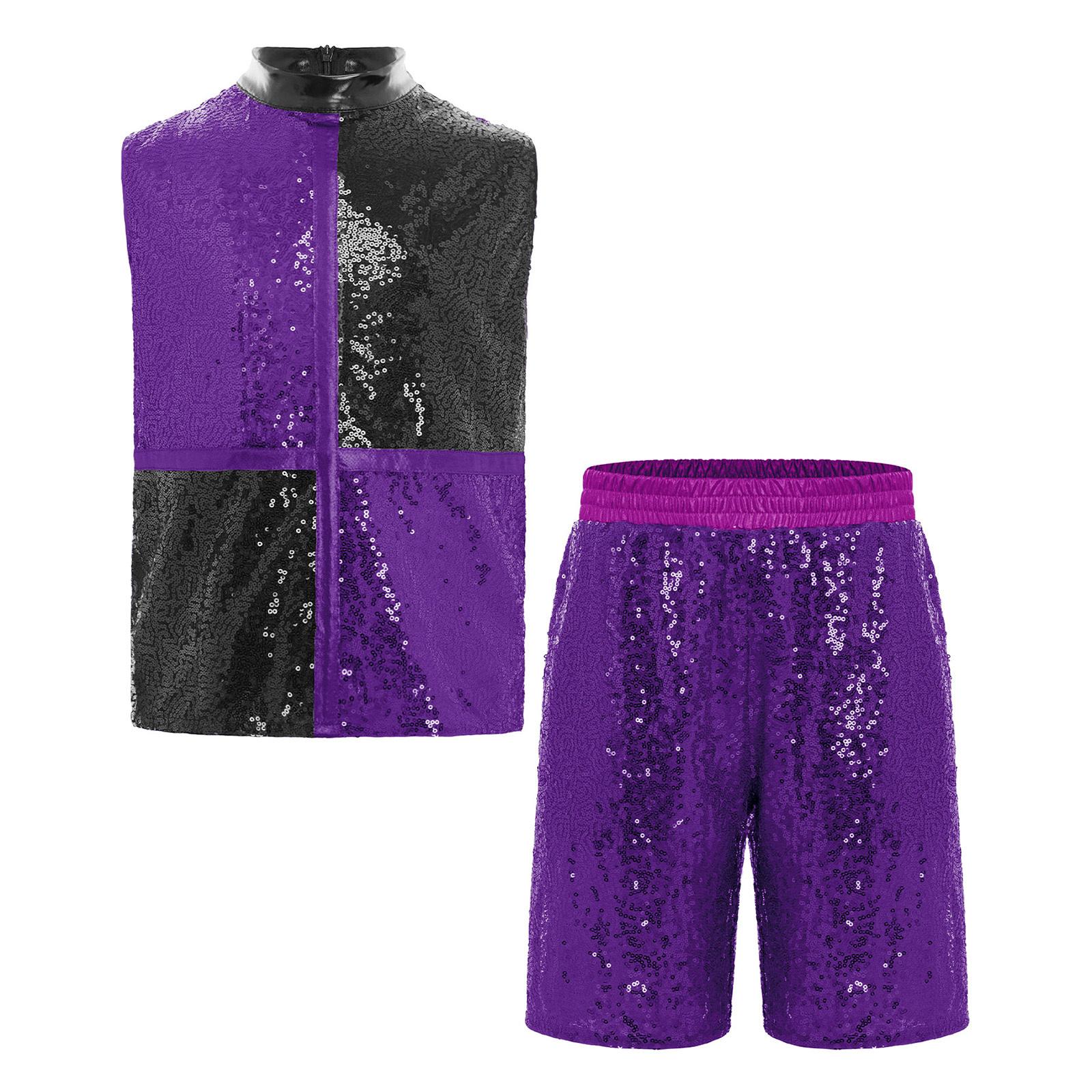 

Boys Jazz Dance Set Mock Neck Sleeveless Top Shiny Sequins Color Block Invisible Zipper Back Elastic Shorts 5-6 Years фіолетовий