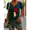 Women's Summer V-Neck Short Sleeve T-Shirt, Frida Kahlo with Red Roses Print, Artistic Feminist Casual Fashion Top