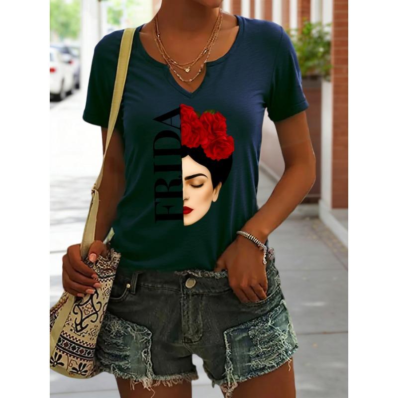 Women's Summer V-Neck Short Sleeve T-Shirt, Frida Kahlo with Red Roses Print, Artistic Feminist Casual Fashion Top