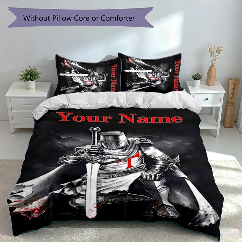 3pcs Custom Name Knights Templar Set,Includes 1 Duvet Cover and 2 Pillowcases,All-season Bedroom Decor