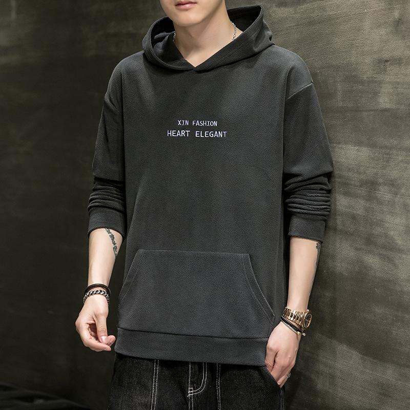 

Осенне-зимняя повседневная толстовка с капюшоном для мужчин, теплая вышитая толстовка, свободный бархатный универсальный флисовый топ для мужчин 3XL серый