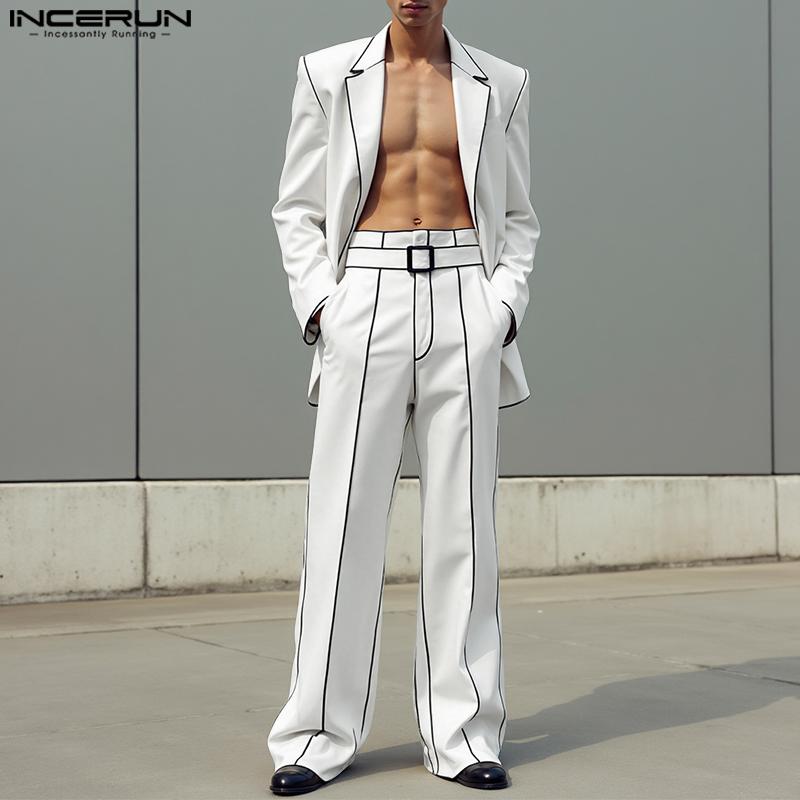 INCERUN Costume de toamnă supradimensionate din două piese pentru bărbați, blazer cu mânecă lungă cu cusături, seturi de pantaloni lungi drepți