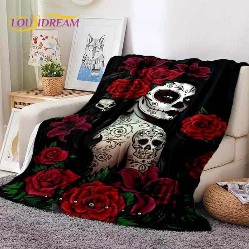Skull Dead Girl 3D Gothic Horror Female Rose Soft Flannel Blanket,Throw Blanket Comfortable Blanket for Picnic Beds Home Bedroom