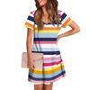 Women's Summer V-neck Casual Beach Dress Short Sleeve Plaid Print Dress