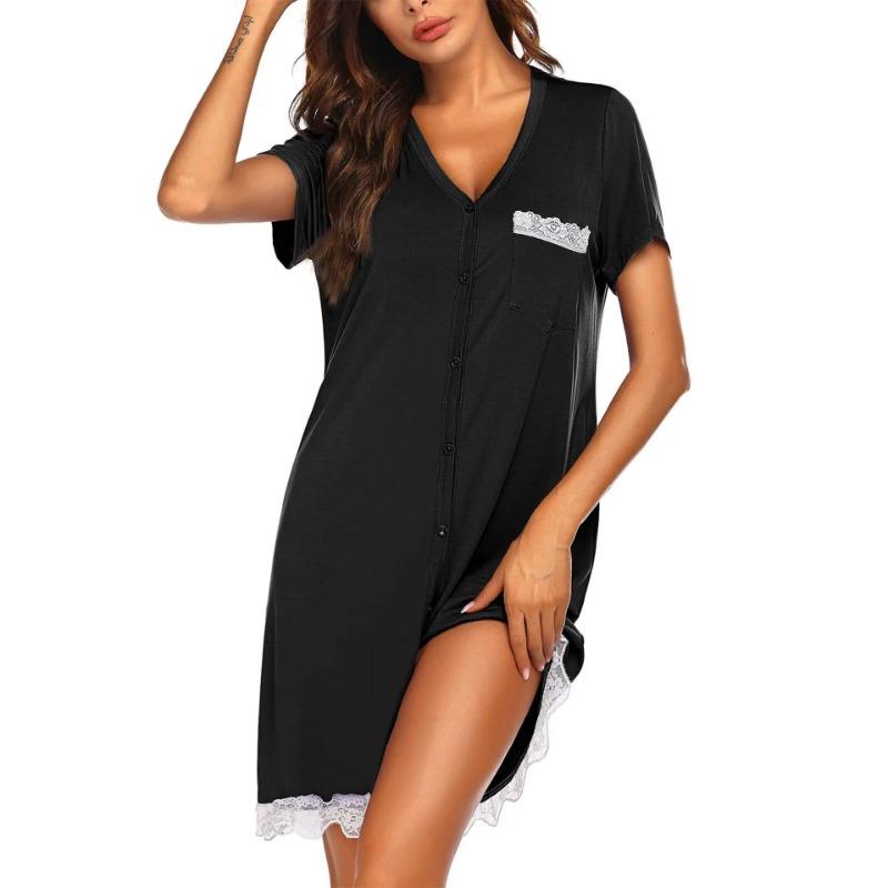 For Women V-neck Short-sleeved Contrasting Color Home Wear Simple Women Short Nightgown Summer Mid-length Dress with Pockets