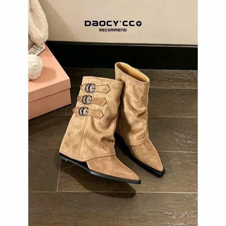 Heel pointed pleated belt buckle wedge heel fashionable stacked pants tube leather boots new boots boots women's inner height increase women