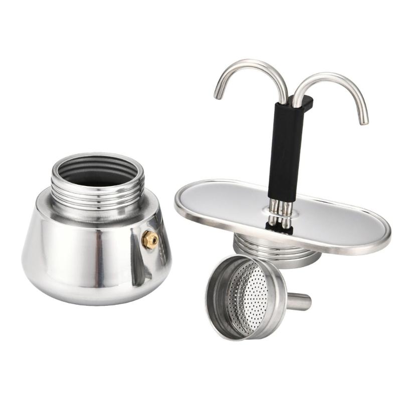 Induction-Compatible Double-Spout Mocha Pot, Brushed Steel Coffee Maker for About Two Espresso-Size Cups On Common Cooktops