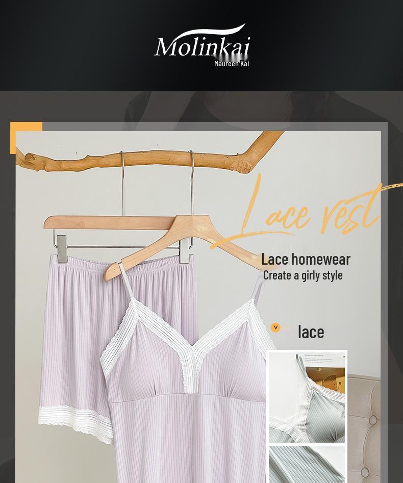 Girls' V-Neck Lace Pajama Set with Built-In Bra - Short Sleeve Camisole Two-Piece