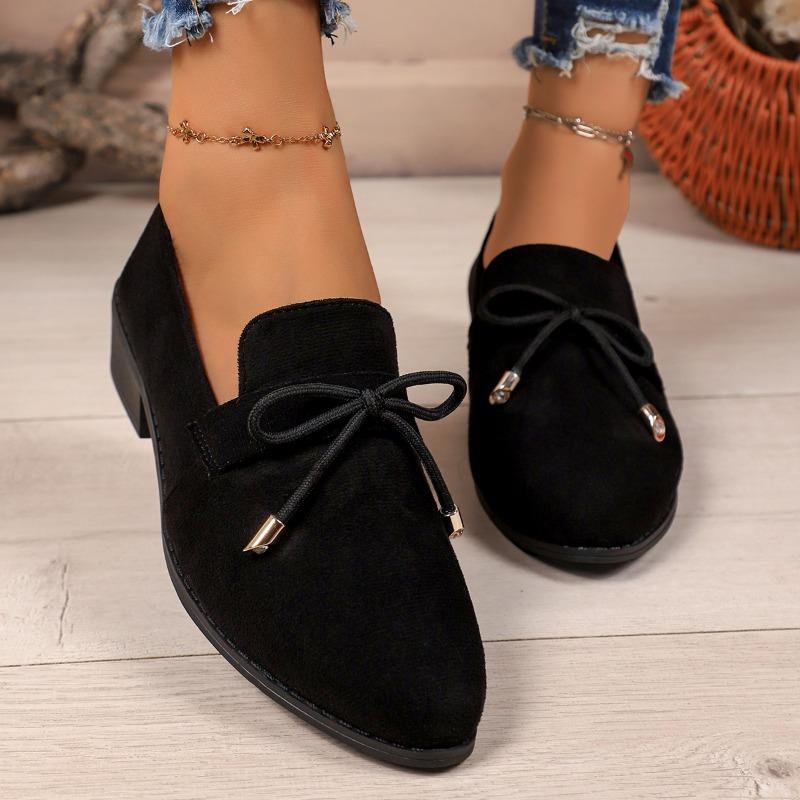 Women's Loafers Pointed Toe Square Heel Butterfly-knot One Kick Shoes All-match Retro Plus-size Spring and Autumn Single Shoes