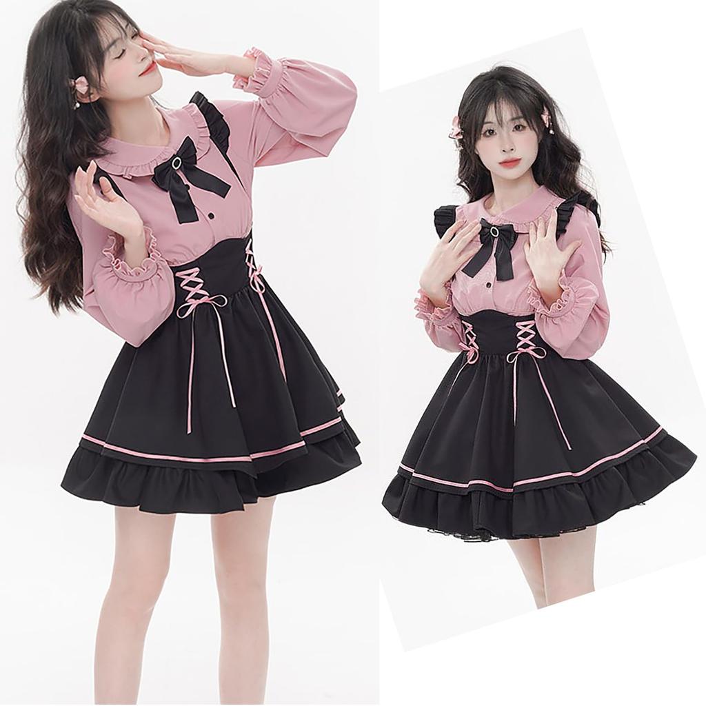 Suspender and This Mini Dress Features a Bow and a Long or Short Sleeve Top and Perfect for a Mori Girl This Dress Features a Ribbon and Is Perfect