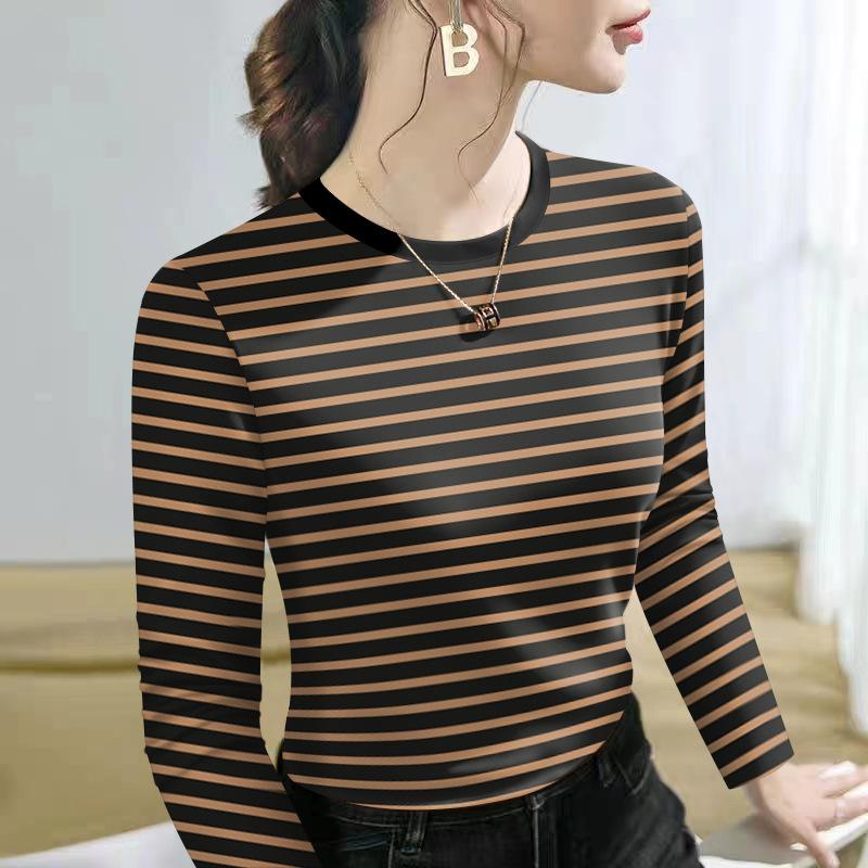 Women's Round Neck Long Sleeve Loose Fit Top Casual Striped Layered T-Shirt
